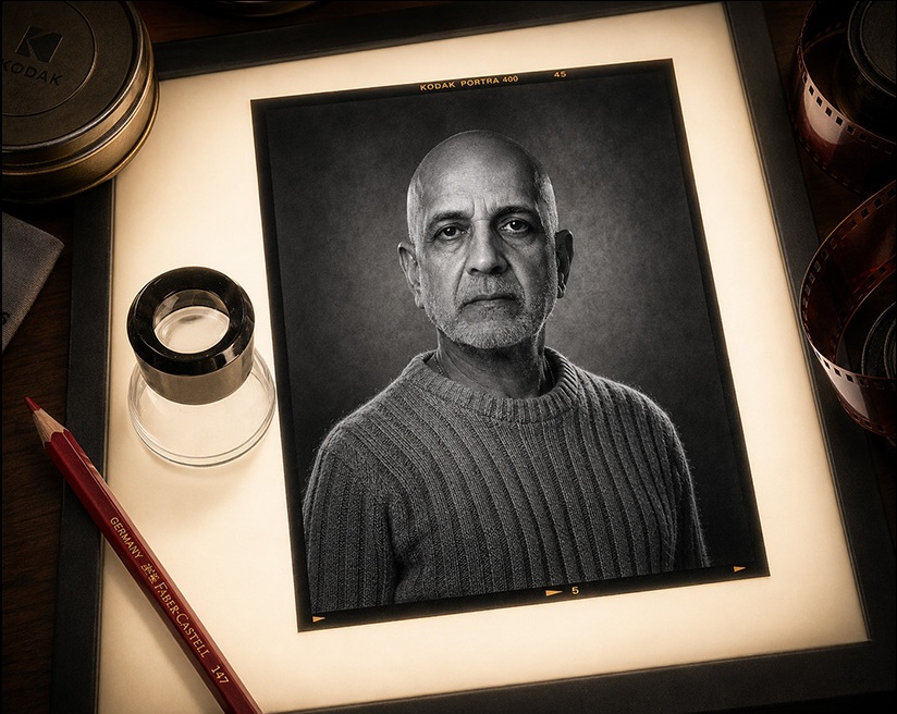 Sethu Sethuraman portrait on a photographer's light table with film, loupe and pencil