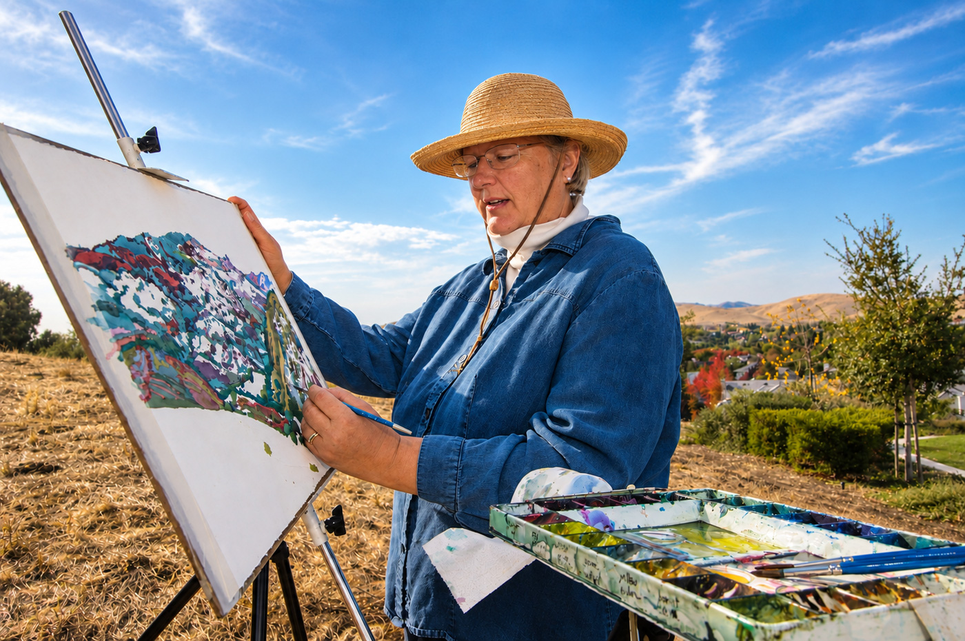 Robin Purcell creates landscape art out at a valley vista